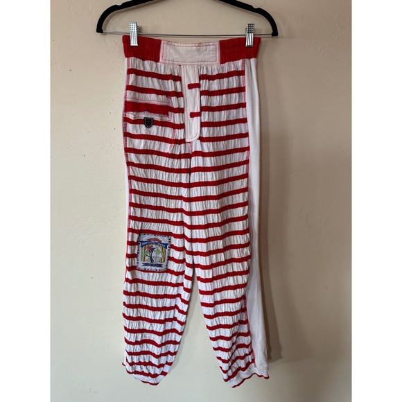 Phyllis Sues Pants - Phyllis Sues Vintage Red White Striped Crinkle Pants Tropical Patch Retro Small